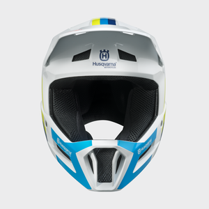 Шлем кроссовый детский Husqvarna Kids Gravity Edrive, white blue yellow (L, Детская Кросс эндуро)