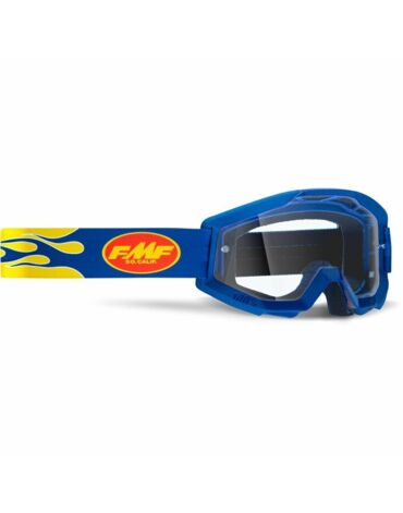 Маска кросс FMF - 100% Powercore Flamy синяя с прозрачной линзой