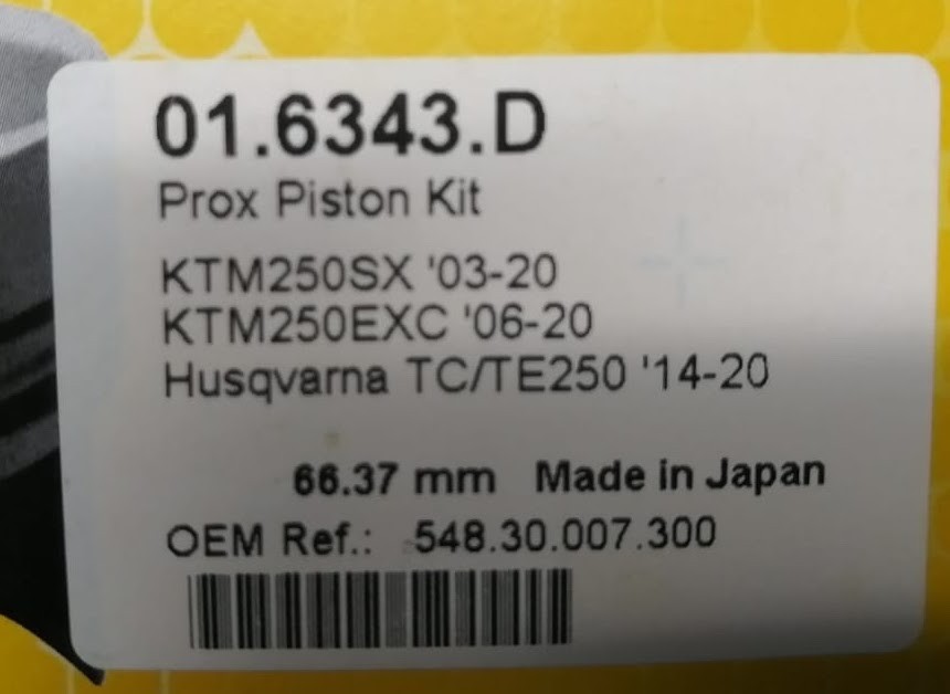 ProX Piston Kit KTM250SX '03 20 + KTM250EXC / TPI '06 20 (66.37mm) поршень /  400 01 6343 D