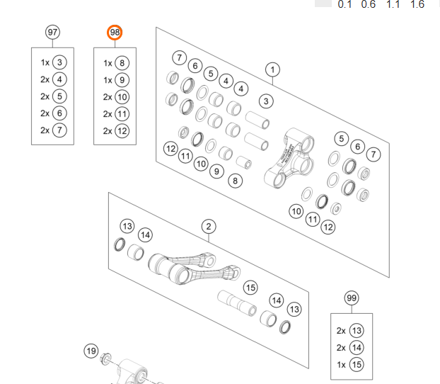 Ремкомплект прогрессии KTM OEM A46004180010 98 на схеме нижнее ухо амортизатора SX F 2025+ - фото 1