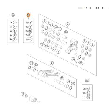 Ремкомплект прогрессии KTM OEM A46004180010 98 на схеме нижнее ухо амортизатора SX F 2025+ - миниатюра 1