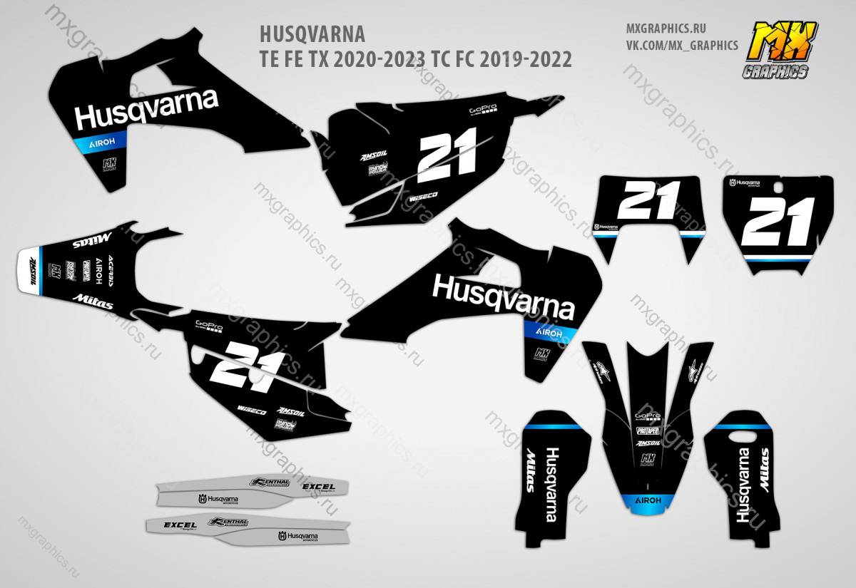 Наклейки на эндуро и кроссовые мотоциклы Husqvarna TE FE TX 2020-2023 TC FC 2019-2022. Серия Blacky