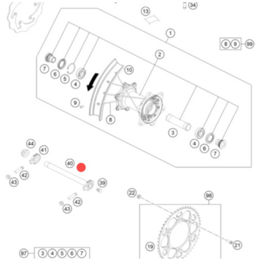 KTM Wheel spindle rear wheel cmpl. Ось заднего колеса 125 450 SX SXF 23-> / EXC EXCF 24-> ( A46010185044 / A46010085044 ) - миниатюра 2